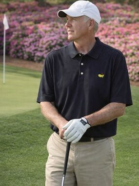 Masters Men's Navy Golf Polo with Yellow Embroidered Masters logo amen corner